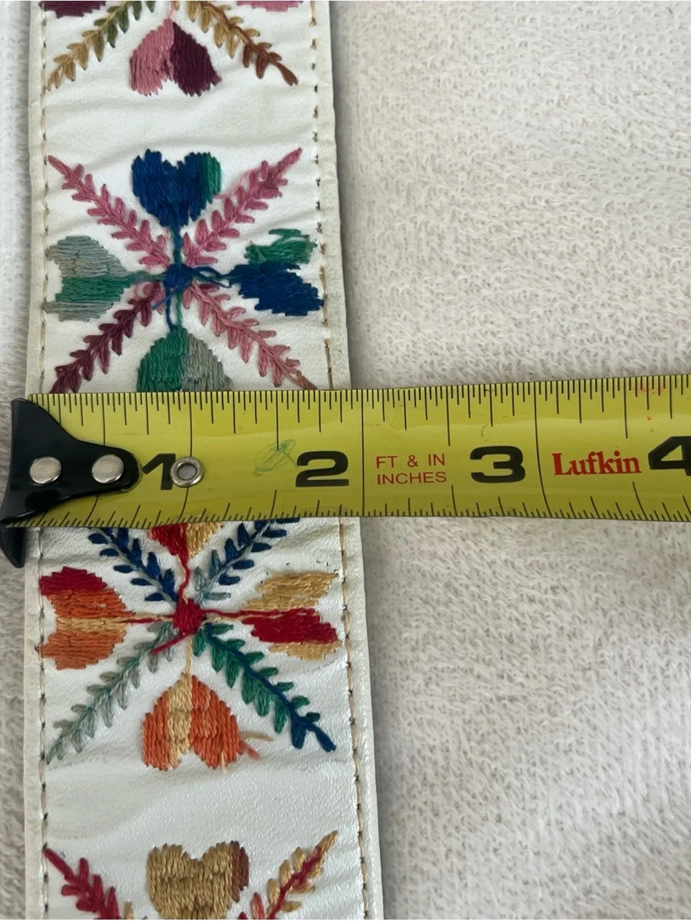 Vintage 70's Bechelli Embroidered Belt Tiger Head Brass Buckle Ivory Floral Boho
